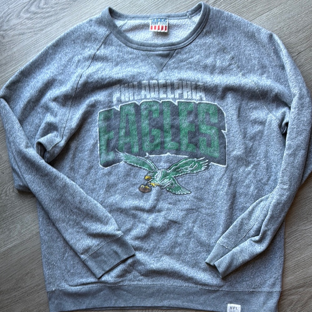 Junk Food Clothing Grey Philadelphia Eagles Crewneck Sweatshirt with Green Logo